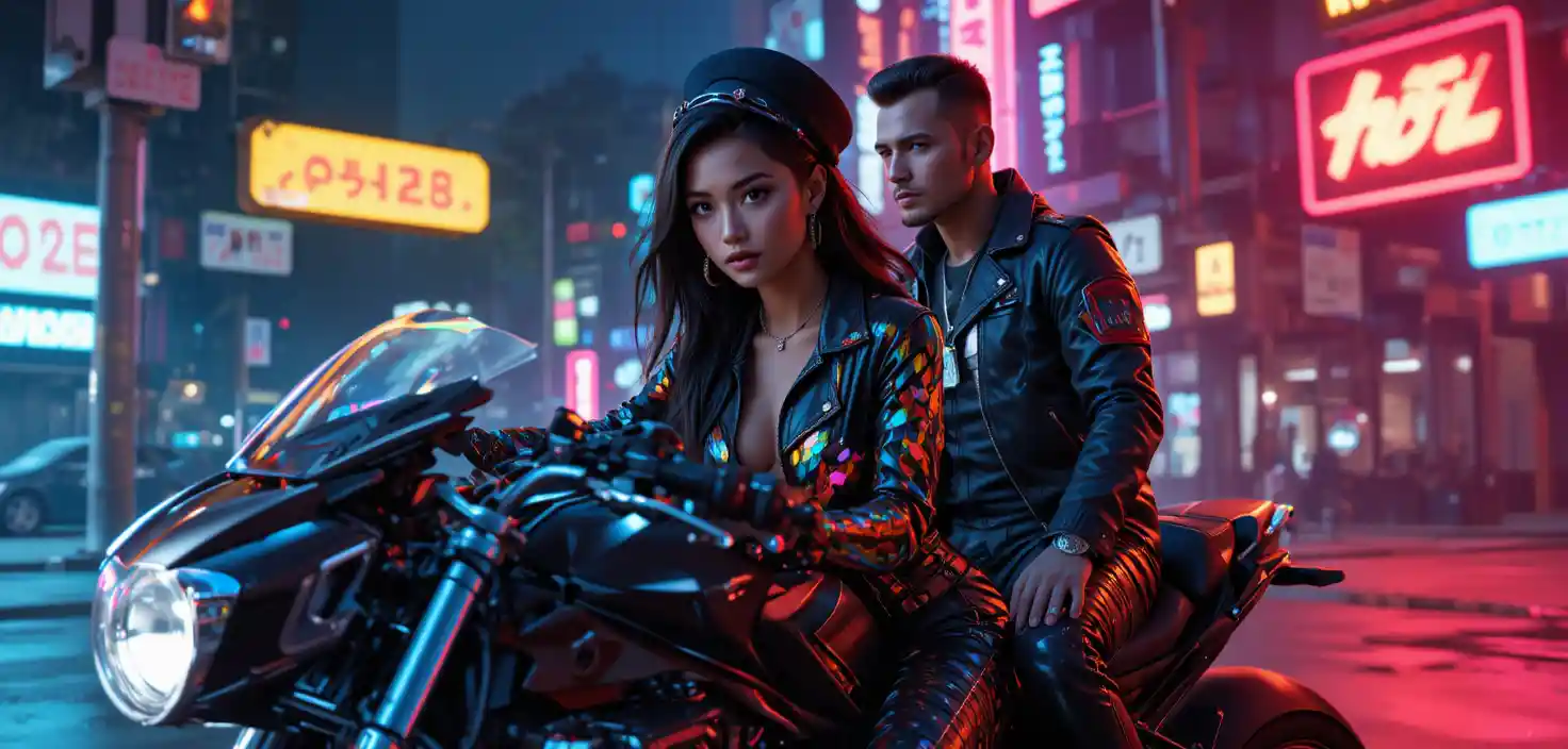 Hyperreale bionische Frau auf einem verchromten Cyberpunk-Motorrad
