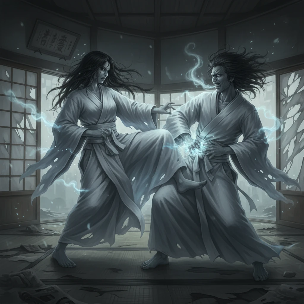 Japanese ghost couple sparring in hand to hand combat