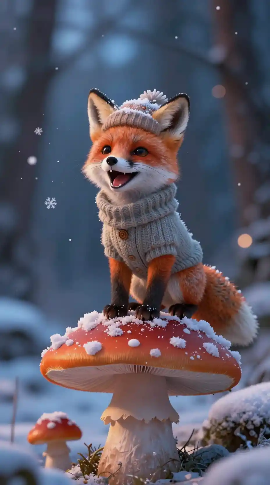 Tiny baby fox catching snowflakes on a mushroom