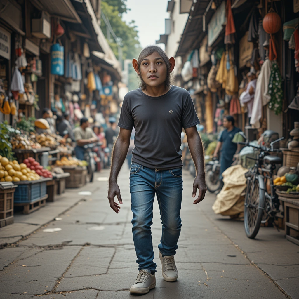 Monkey Walking In An Indian Street Market Wearing Casual Clothes