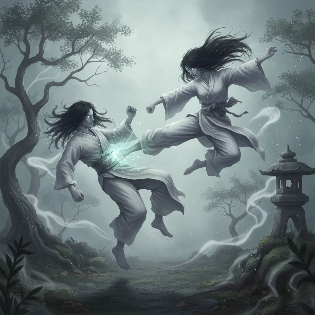 Male and female spirits in mid air martial arts clash