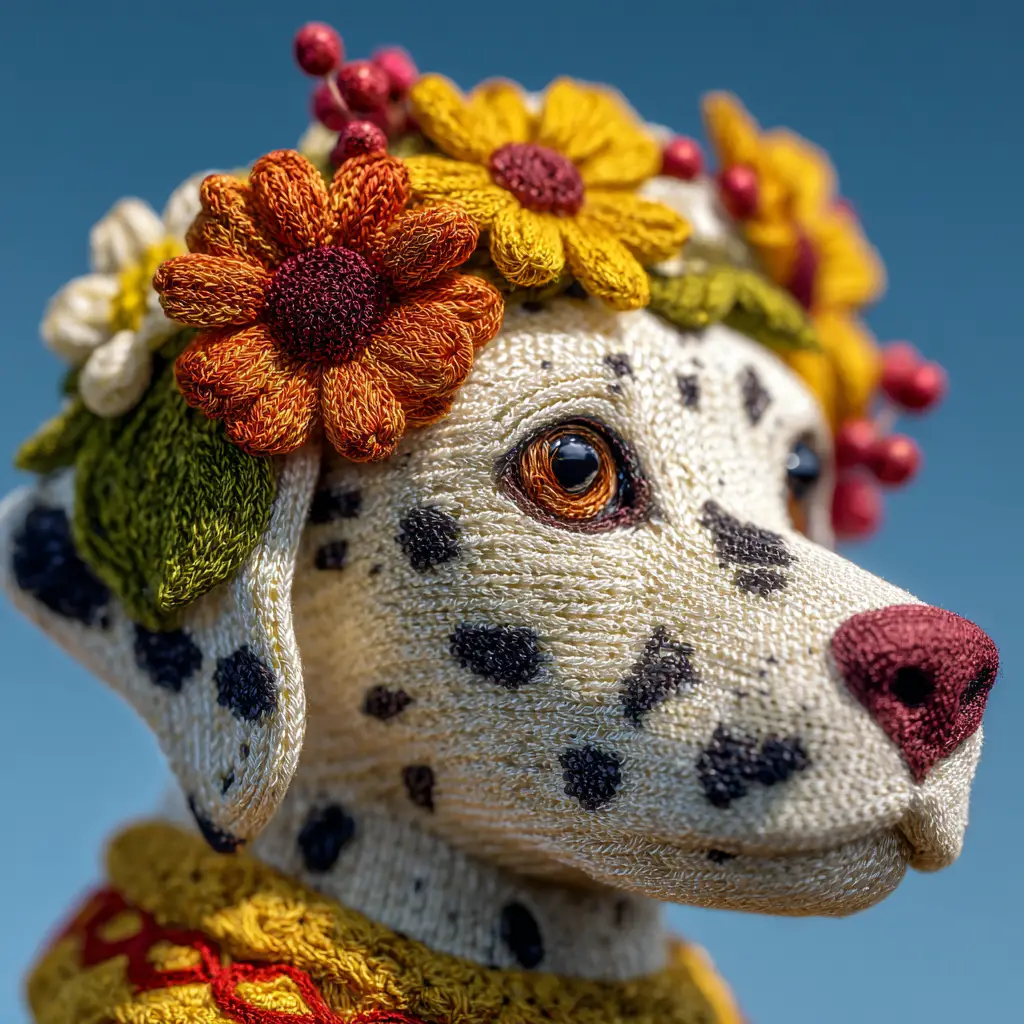 Fantasy dalmatian dog with Easter flowers in rainforest