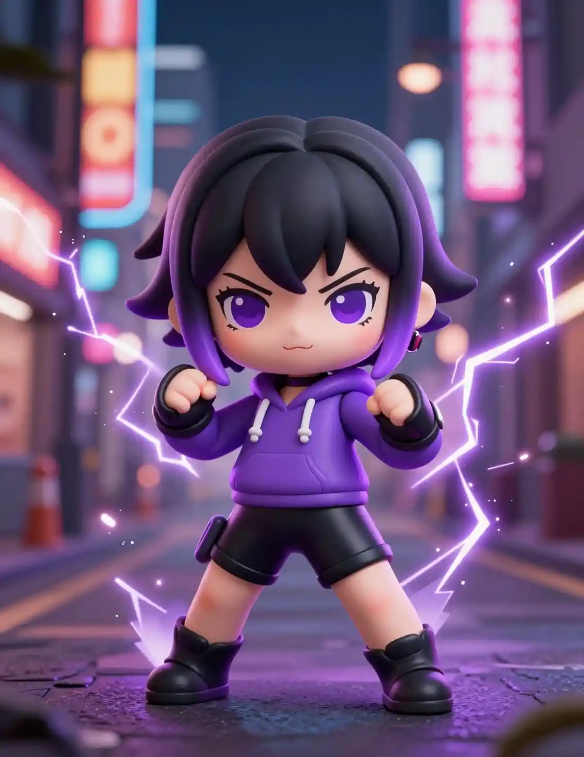Chibi martial artist girl with neon city lightning