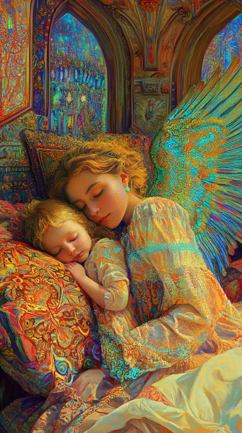 夜、眠る子どもを見守る守護天使