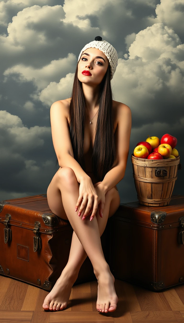 Femme nue pensive sur des valises vintage sous un ciel dramatique
