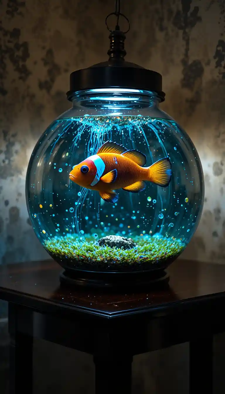 Clownfish swimming in glowing aquarium on dark wooden table