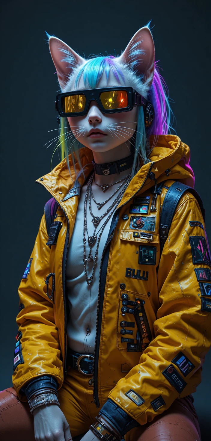 Cyberpunk cat in layered techwear with studio flash