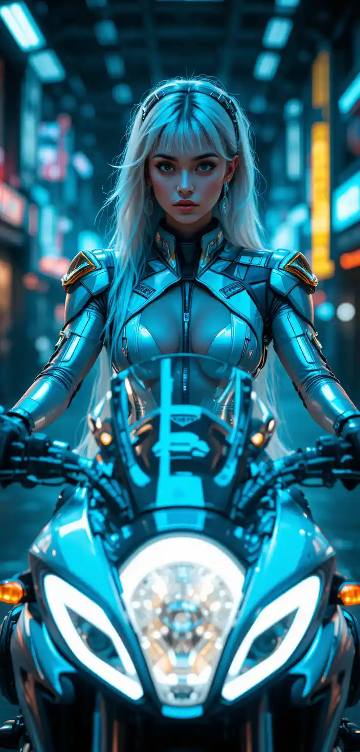 サイバーパンクなバイオニック女性が流線型の未来バイクに乗る