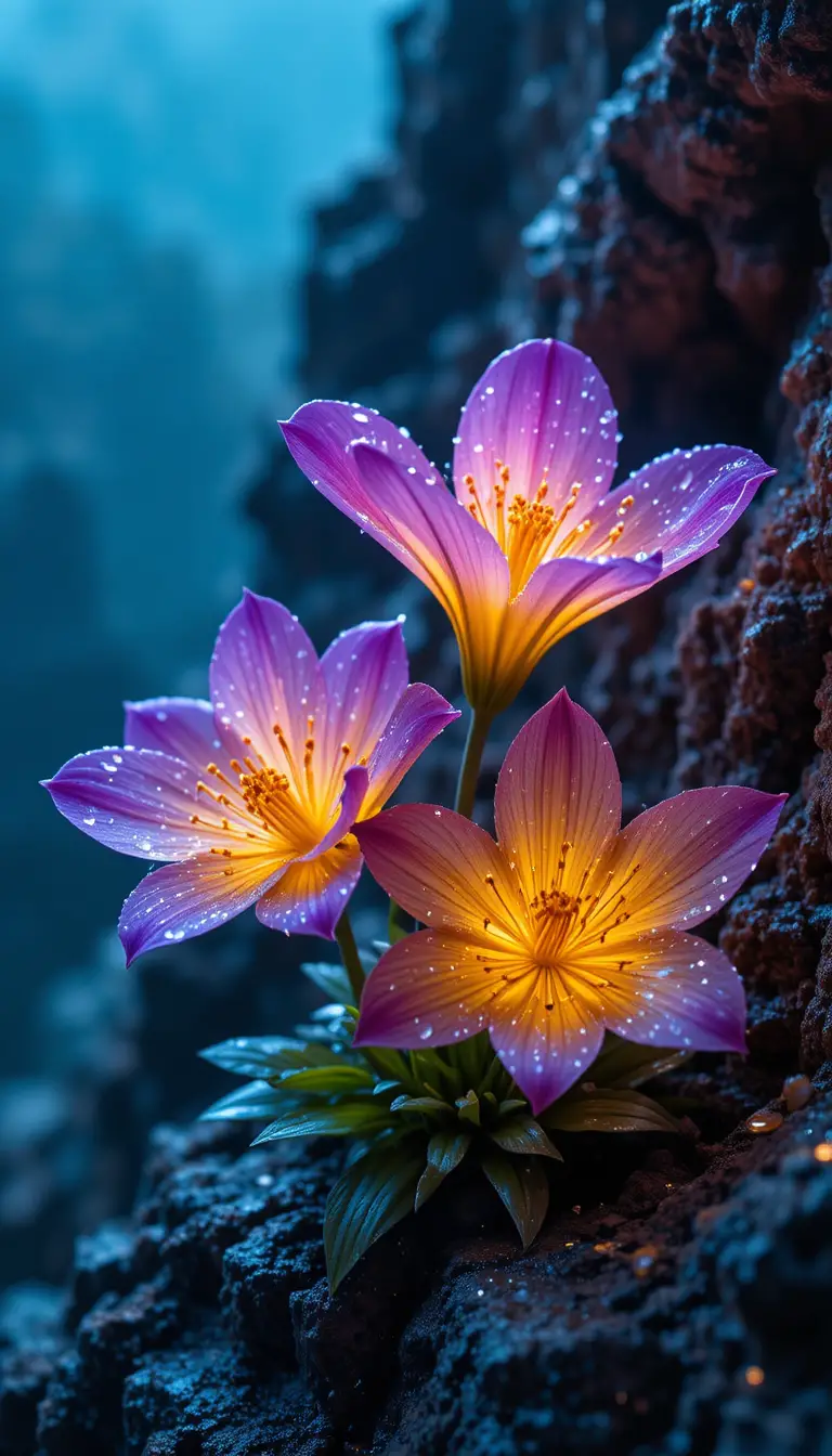 Two neon flowers glowing softly on a rocky cliff