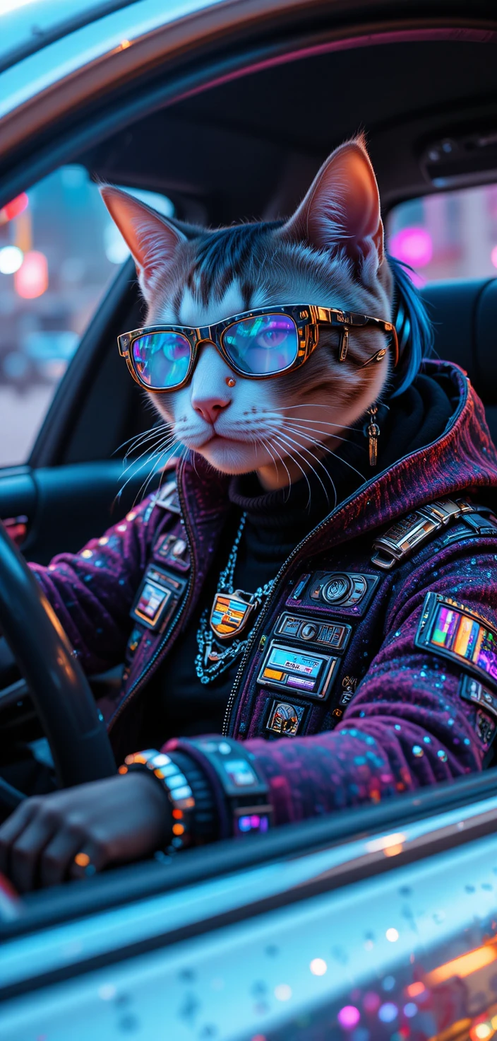 Cyberpunk cat driving a bling cadillac in studio
