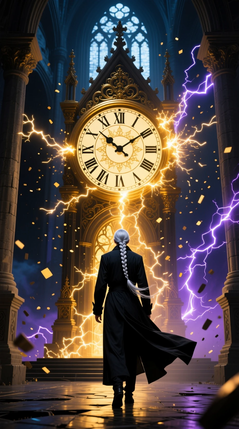 Man Faces Glowing Clock In Grand Gothic Fantasy Hall