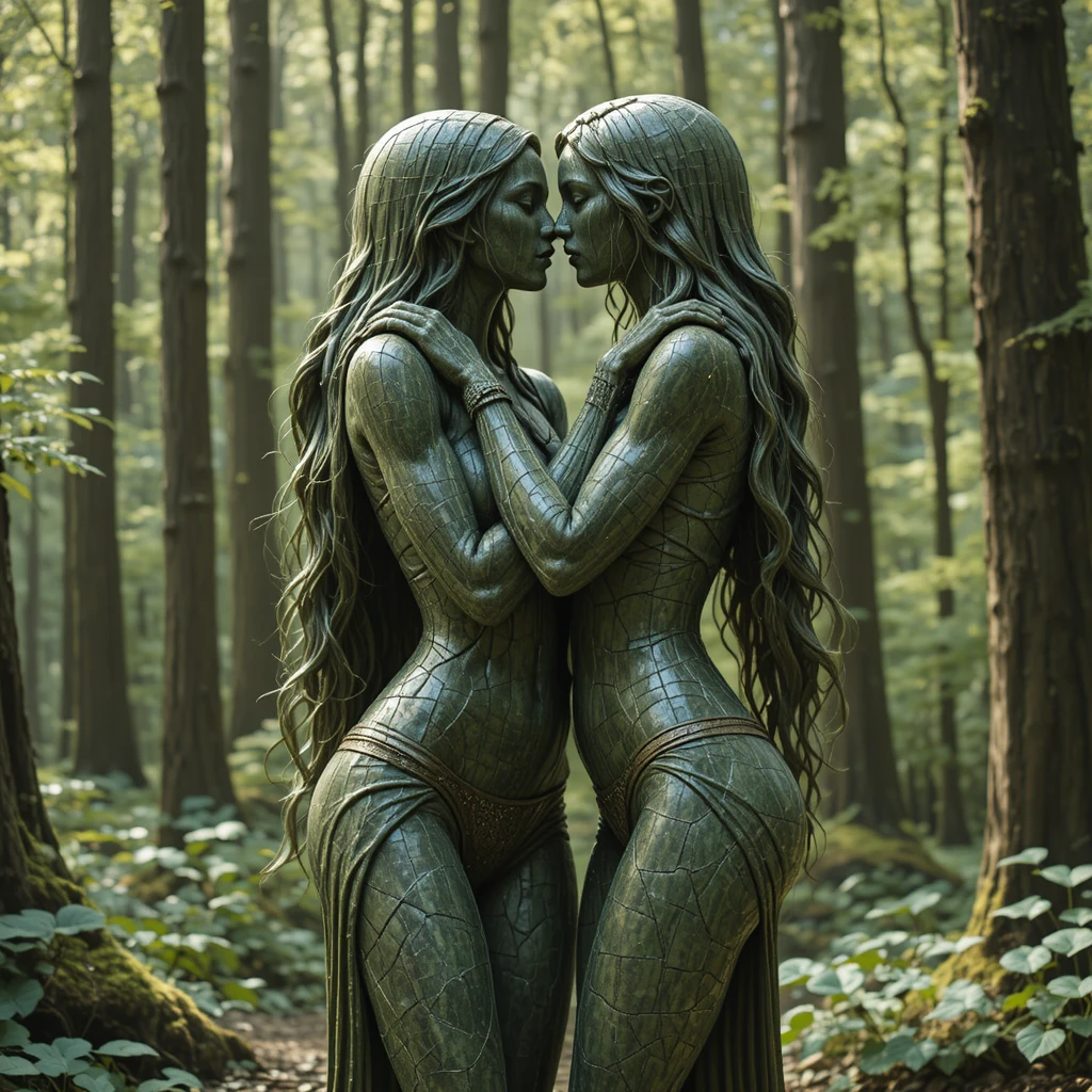Cuatro chicas de piedra abrazándose muy juntas en un claro del bosque