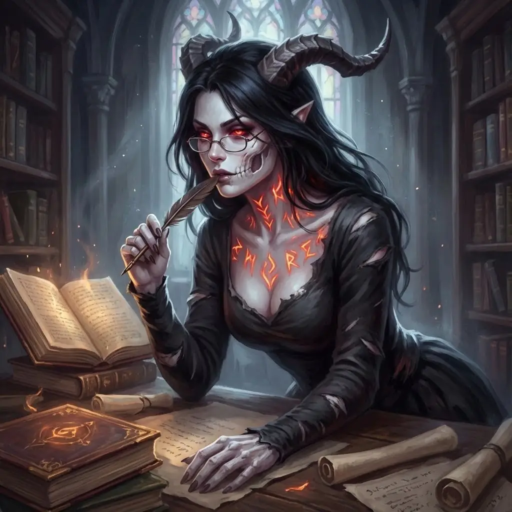 Undead demonic librarian in a shadowed gothic library