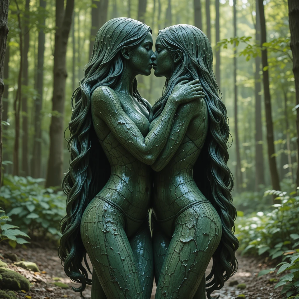 Estatuas de piedra verde de cuatro chicas de cabello largo abrazándose