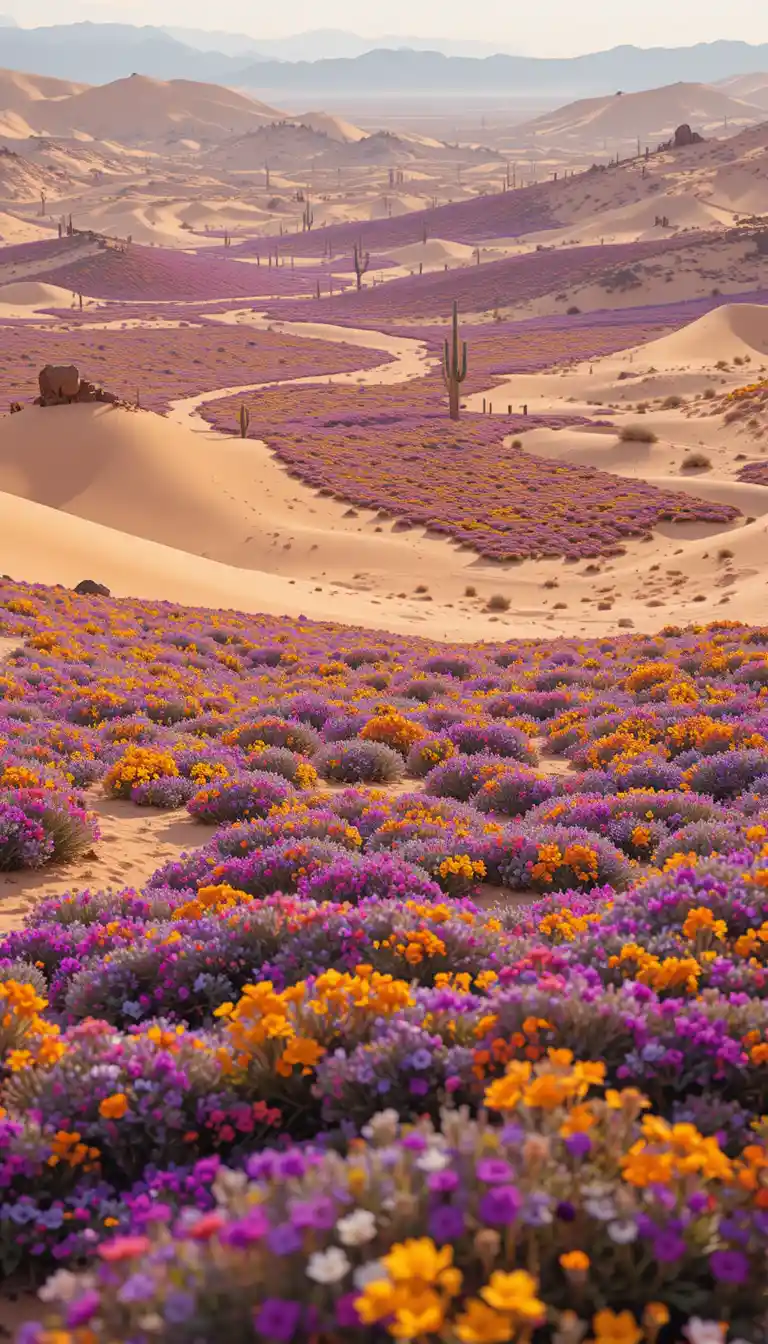 Wüsten-Wildblumen-Superblüte über sanft geschwungenen Sanddünen