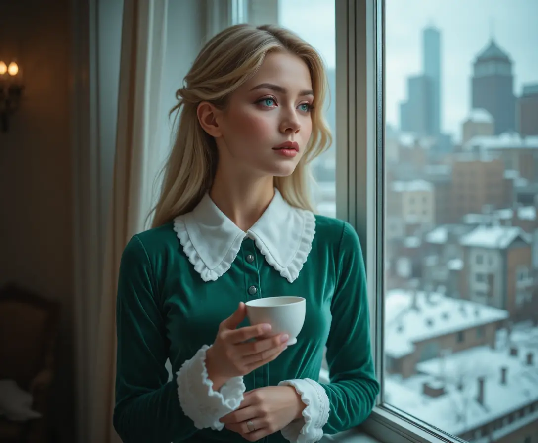 Blonde woman in green dress quietly gazing by window