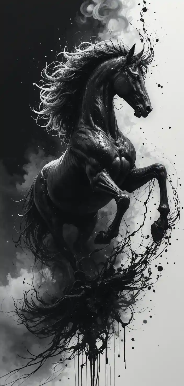 Cavalo de guerra em tinta surgindo da sombra em movimento dramático