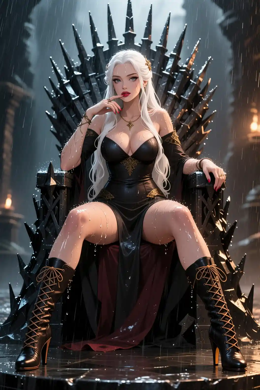 White haired anime woman on iron throne in heavy rain