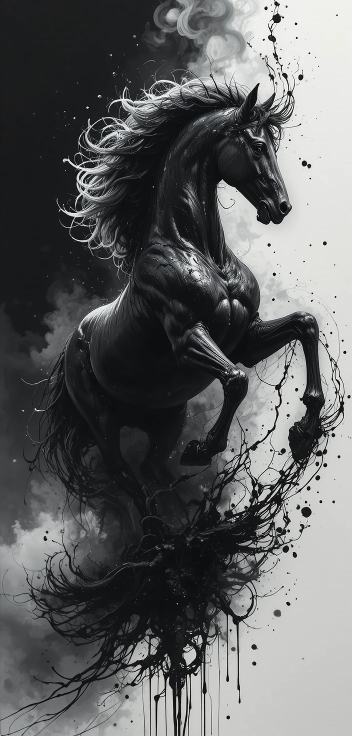 Caballo de guerra de tinta surgiendo de la sombra en movimiento dramático