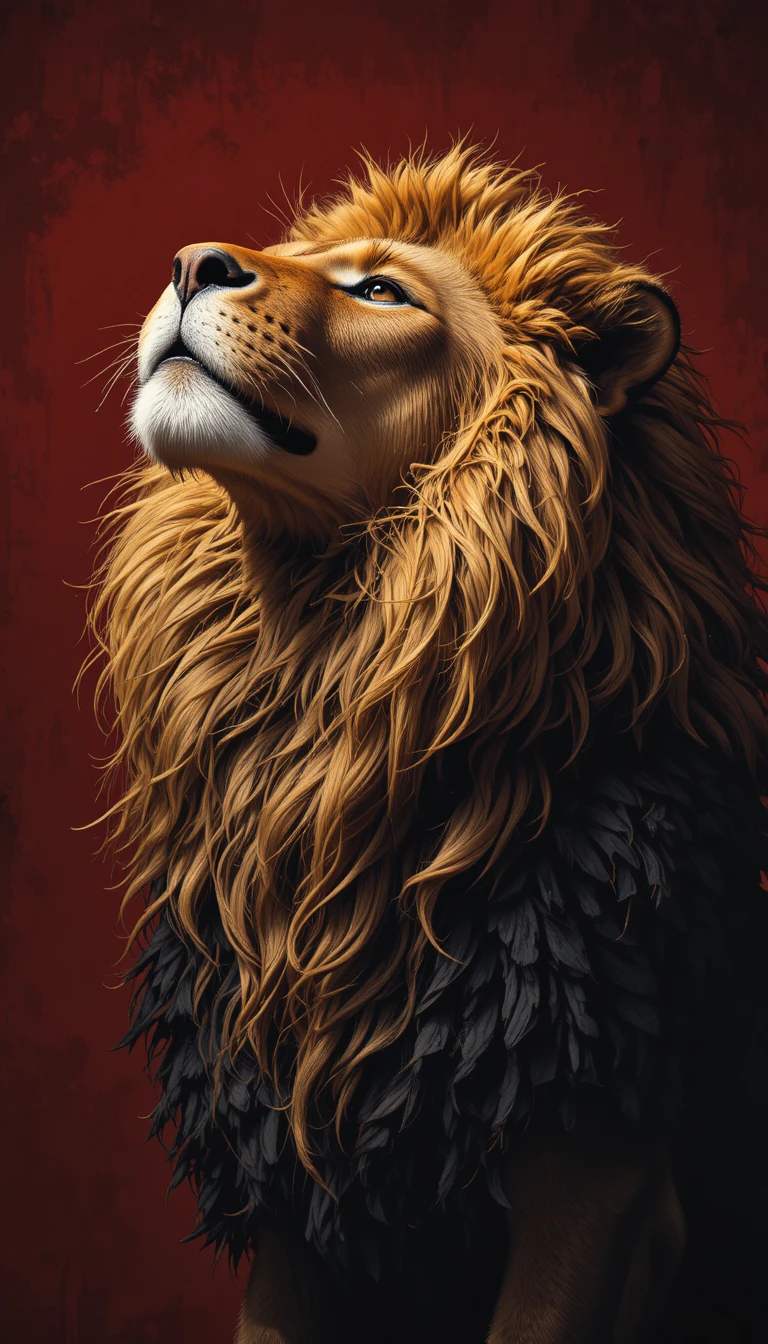 Majestic lion portrait gazing upward against dark crimson background