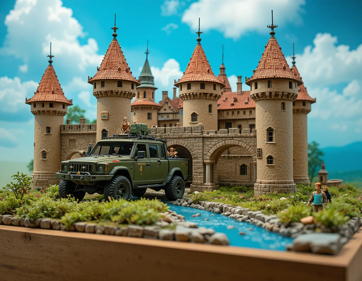 Green military truck racing through a chaotic city street