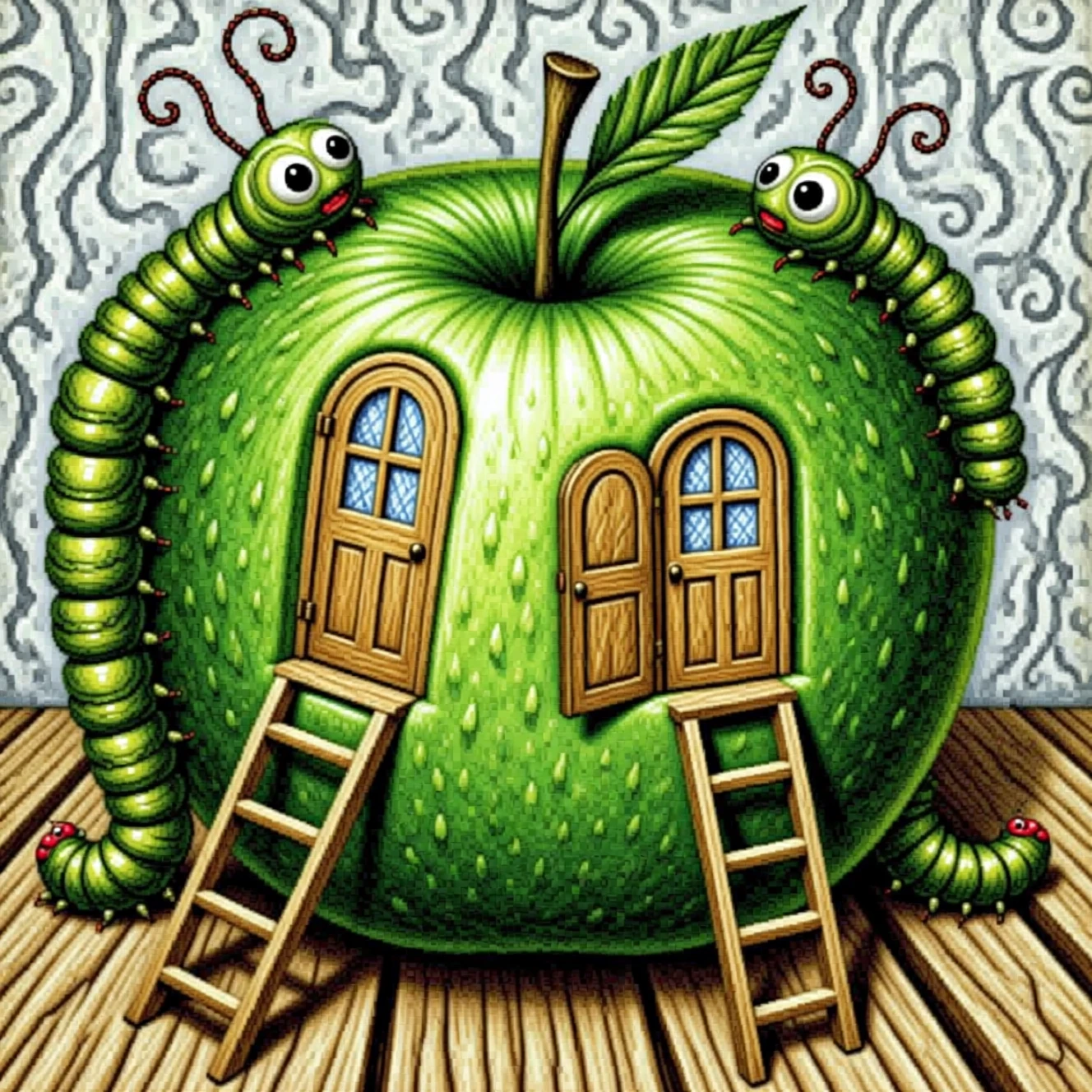 Surreal Green Apple Habitat With Ladders And Caterpillars