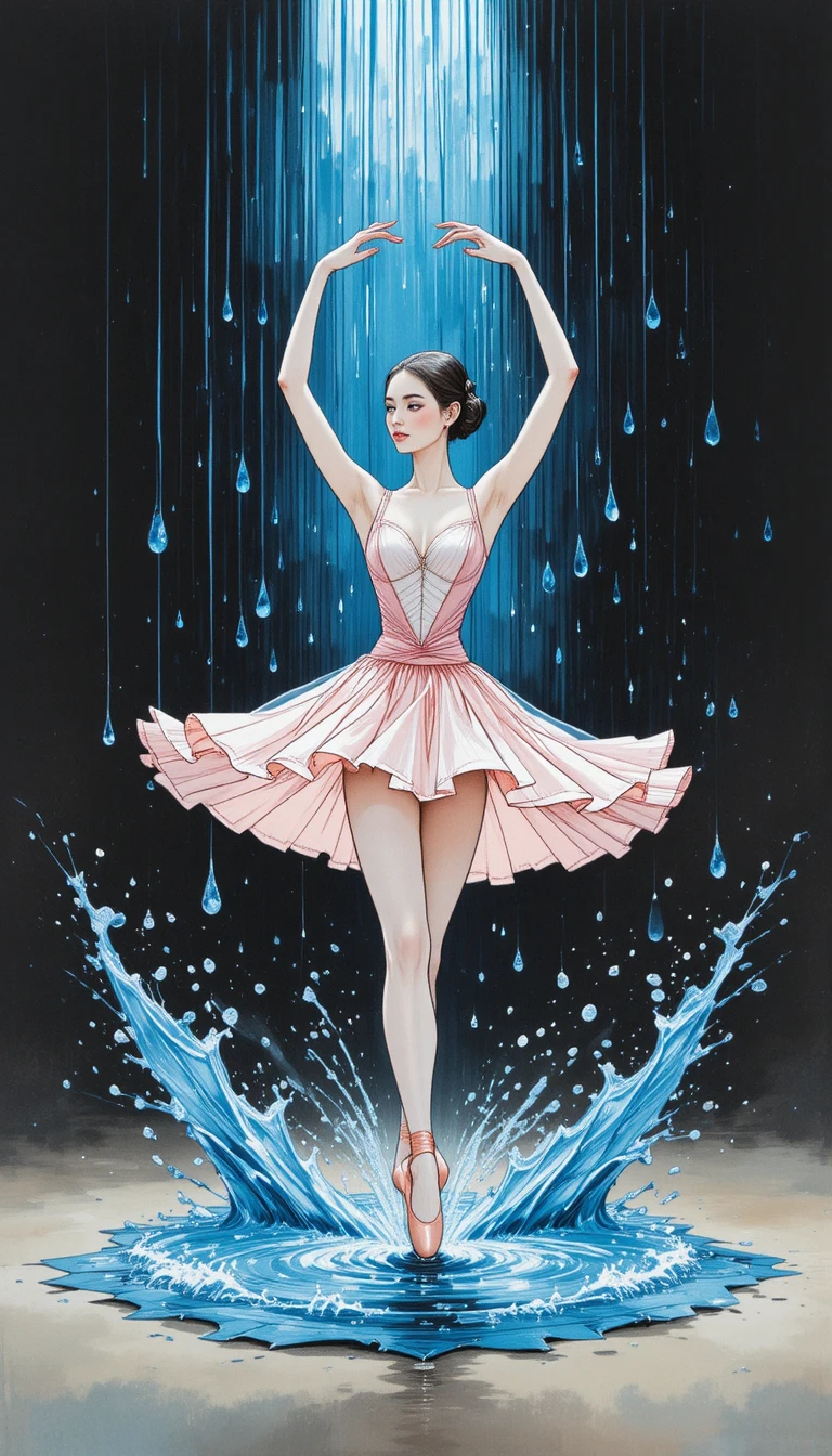 Ballet dancer in pink dress leaping through blue rain