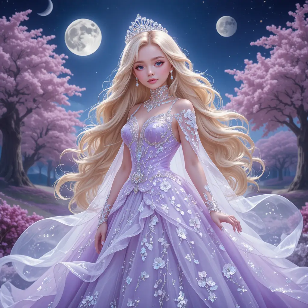 Blonde princess in lavender gown under the full moon