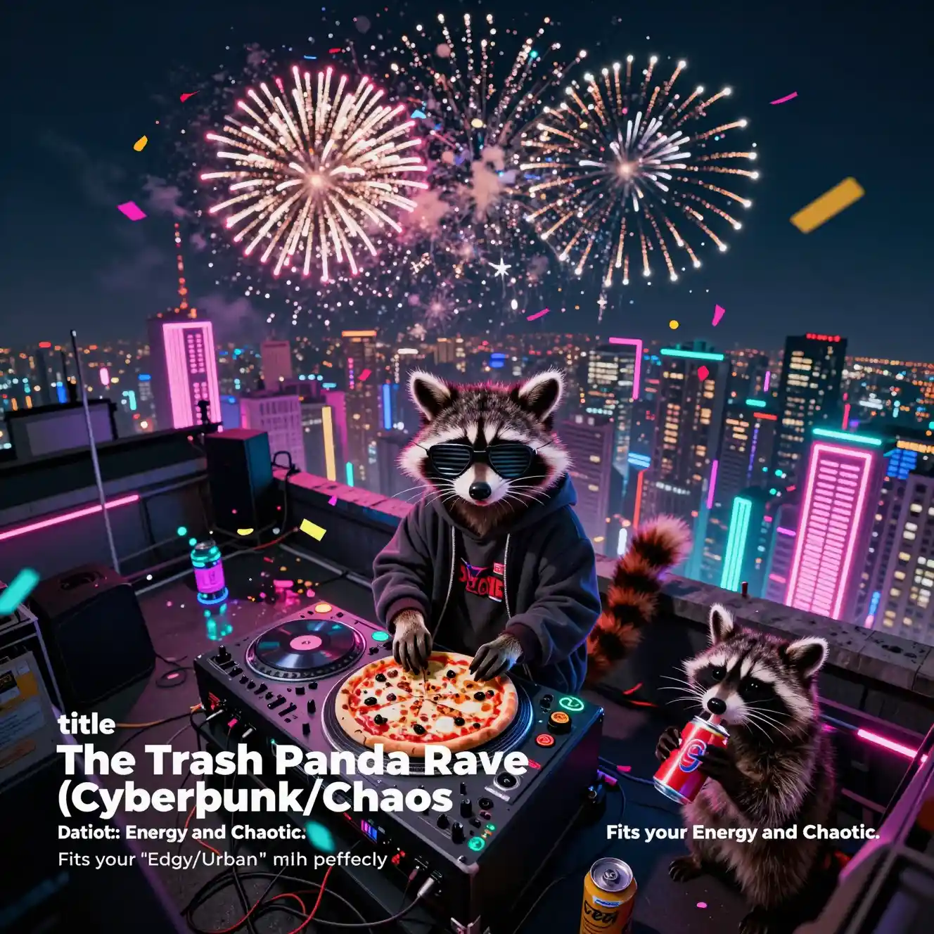 Waschbär-Rooftop-Rave in einer neonbeleuchteten Cyberpunk-Stadt