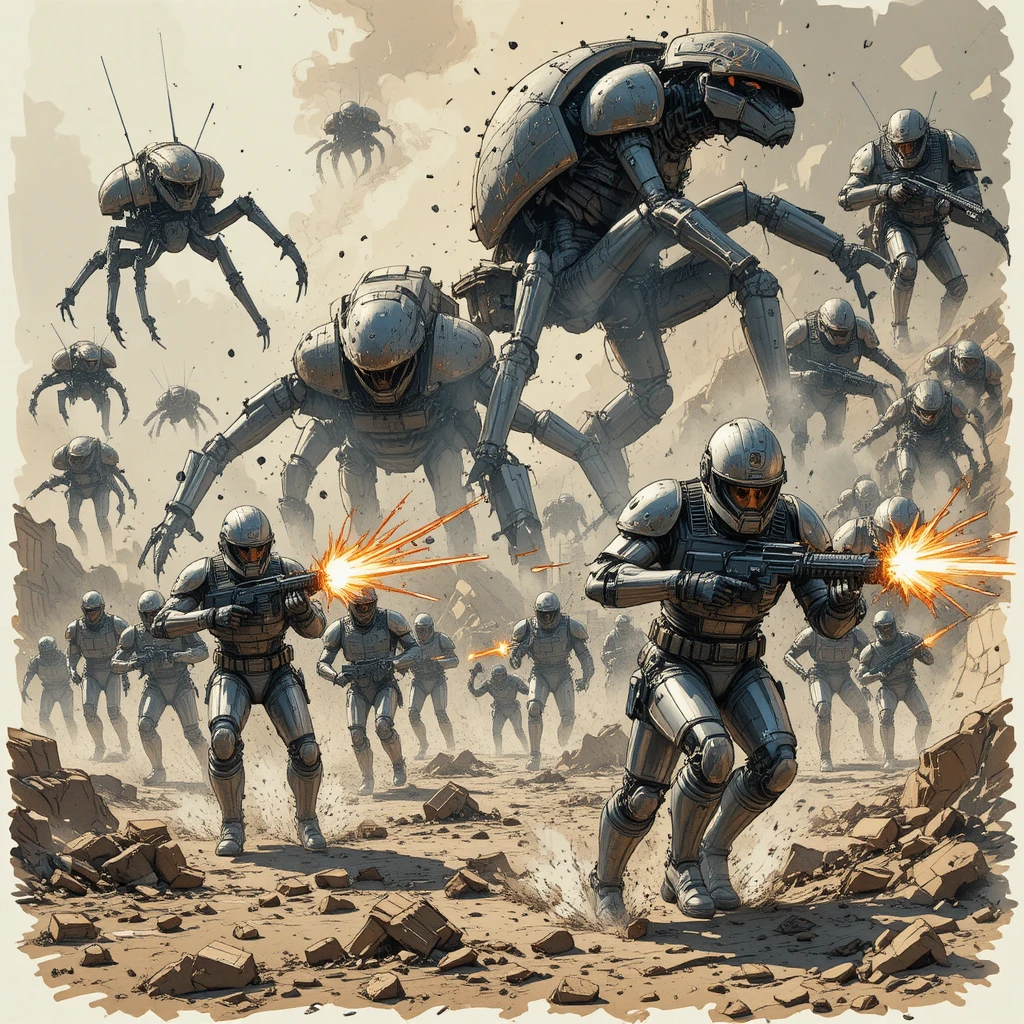 Armored soldiers battling towering alien insects in chaos