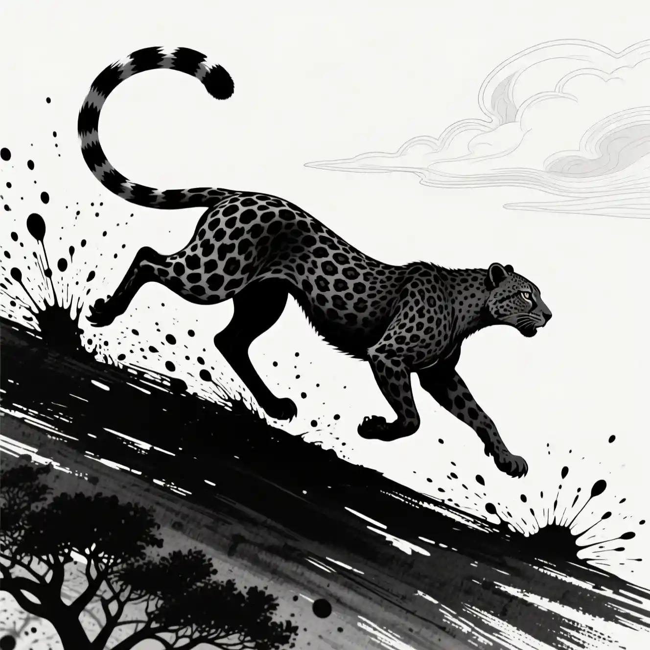 Ink cheetah sprinting down a diagonal tree in monochrome