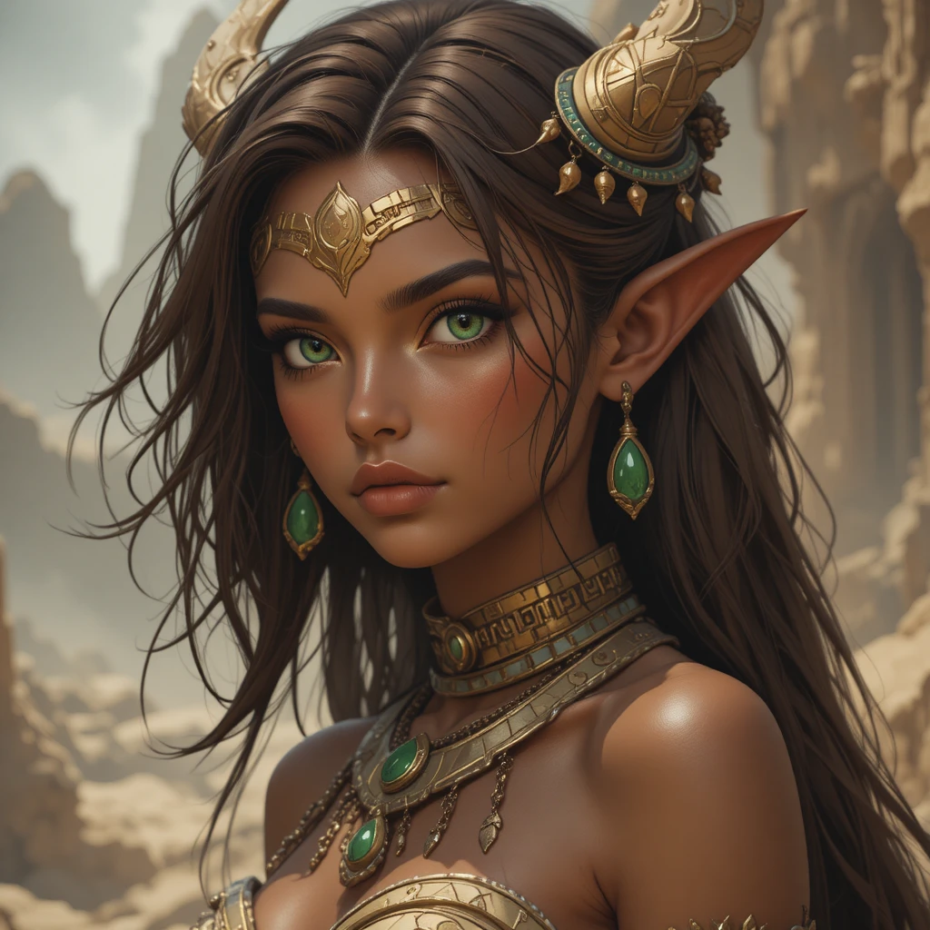 Brown skinned goddess with dark green eyes in a fantasy realm
