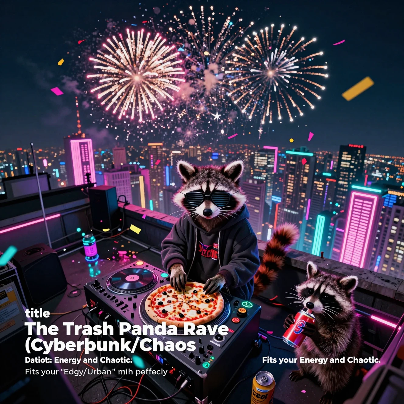 Rave di procioni sul tetto in una città cyberpunk al neon