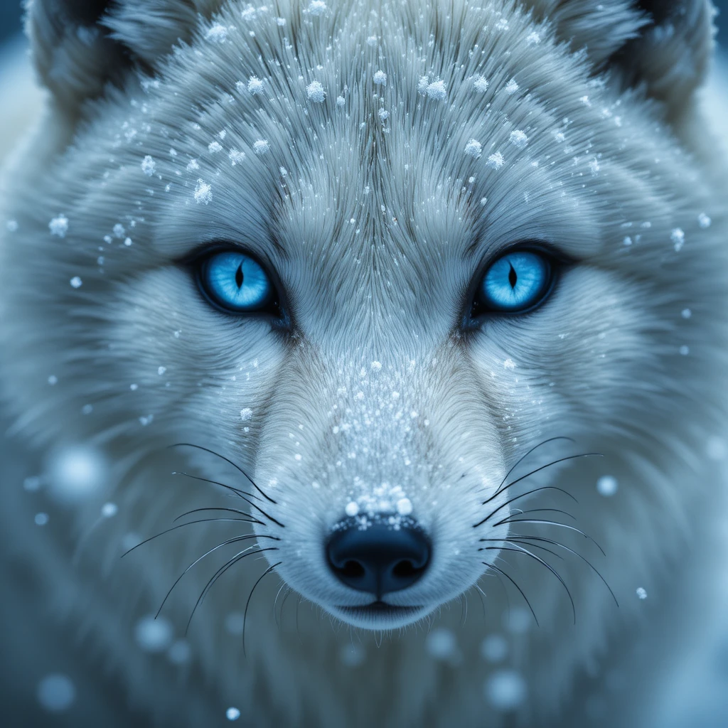 Arctic fox close up with ice blue eyes in snowfall