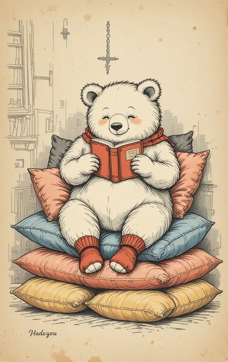 Ours douillet lisant un livre sur des coussins colorés