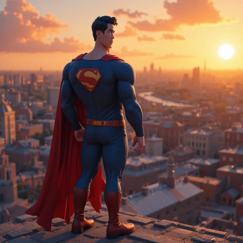 Super-herói Observa a Cidade do Alto de um Terraço ao Pôr do Sol