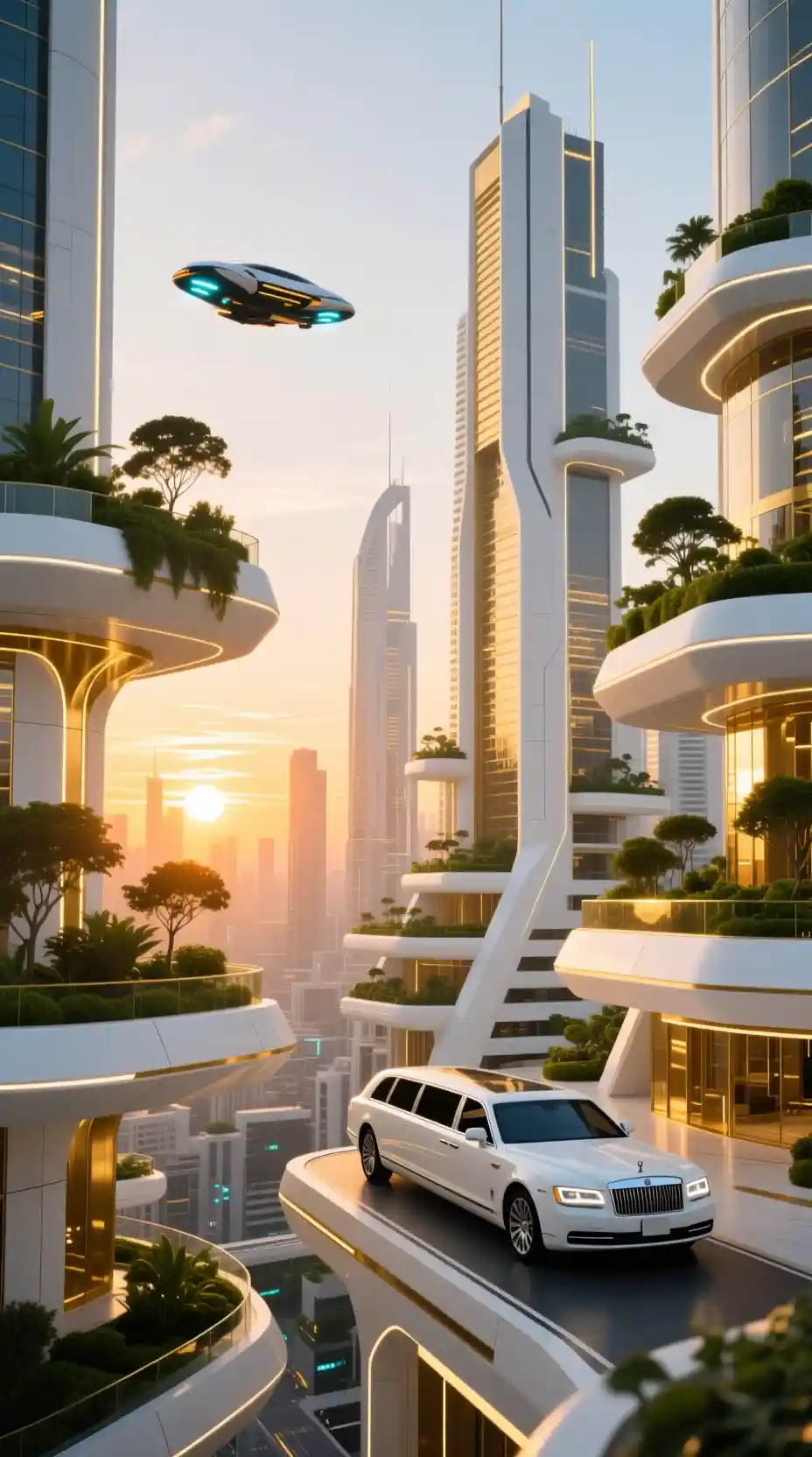 Luxuriöse futuristische Stadttürme mit schwebenden Sonnenuntergangsgärten