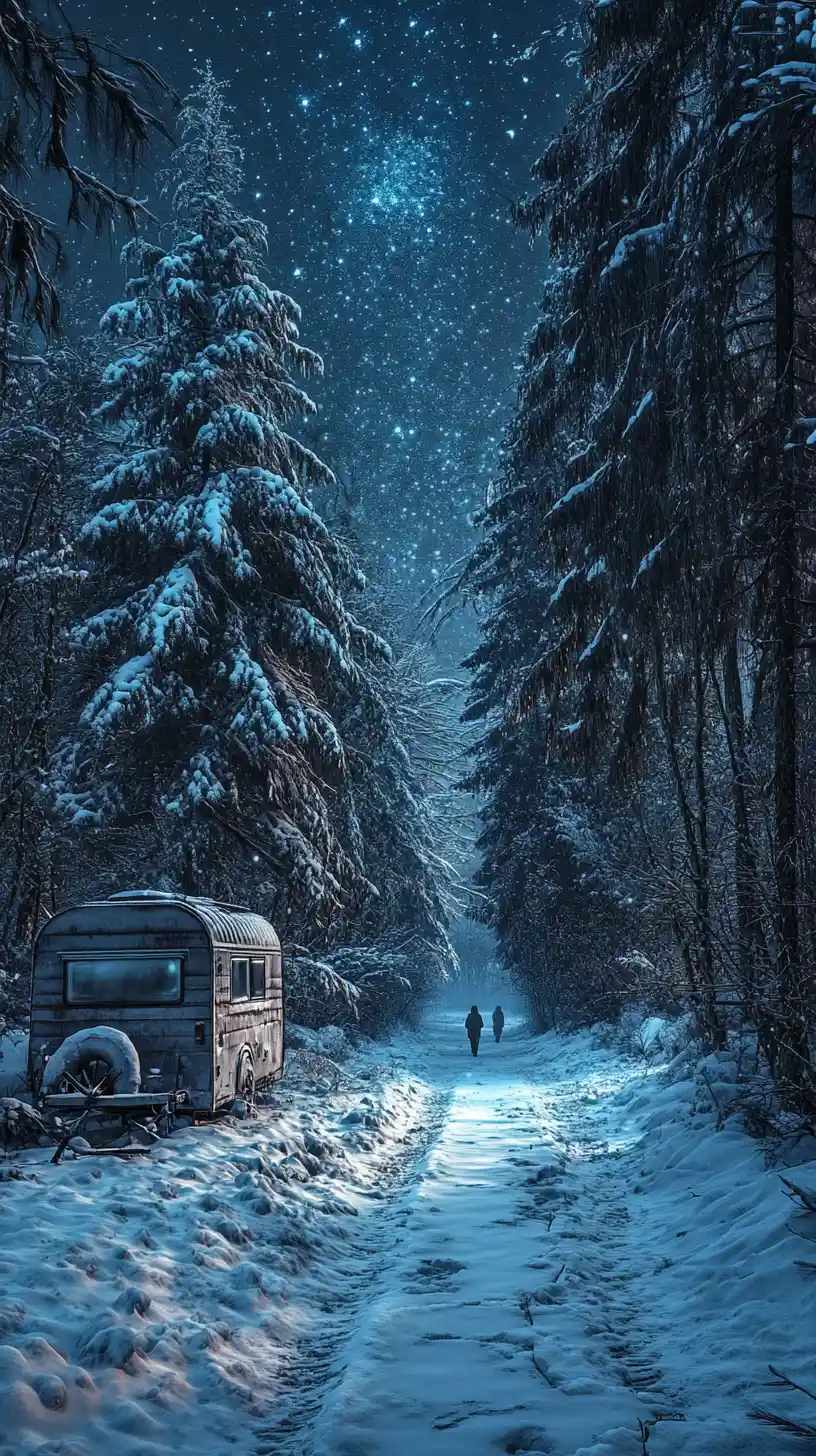 Sentiero innevato nel bosco al chiaro di luna con figure che camminano in lontananza