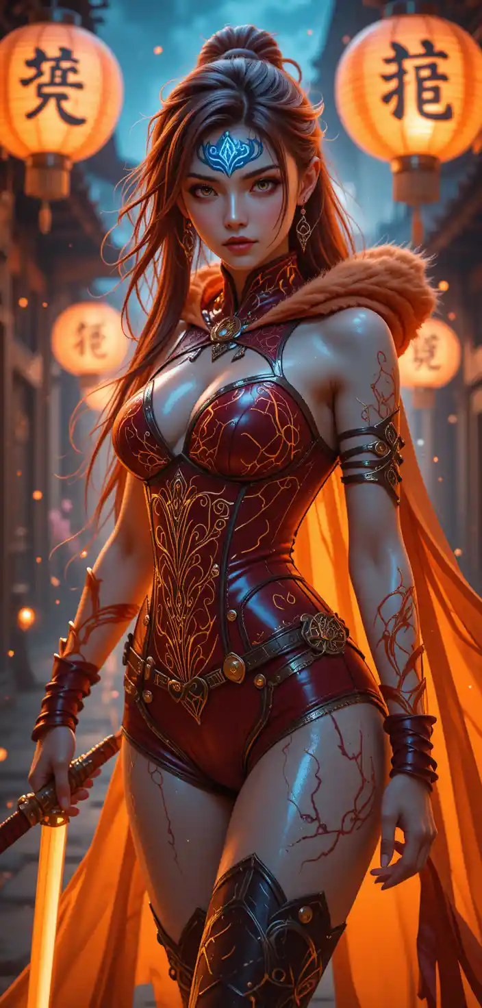 Anime warrior woman with glowing runes in battle stance