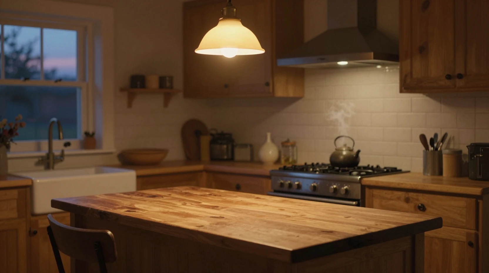 Cozy rustic kitchen glowing softly in the evening light