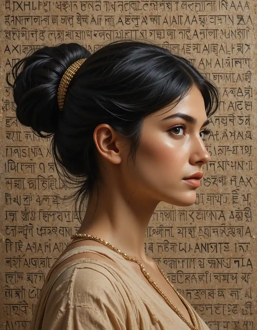 Minoan girl portrait with clay tablet linear script background