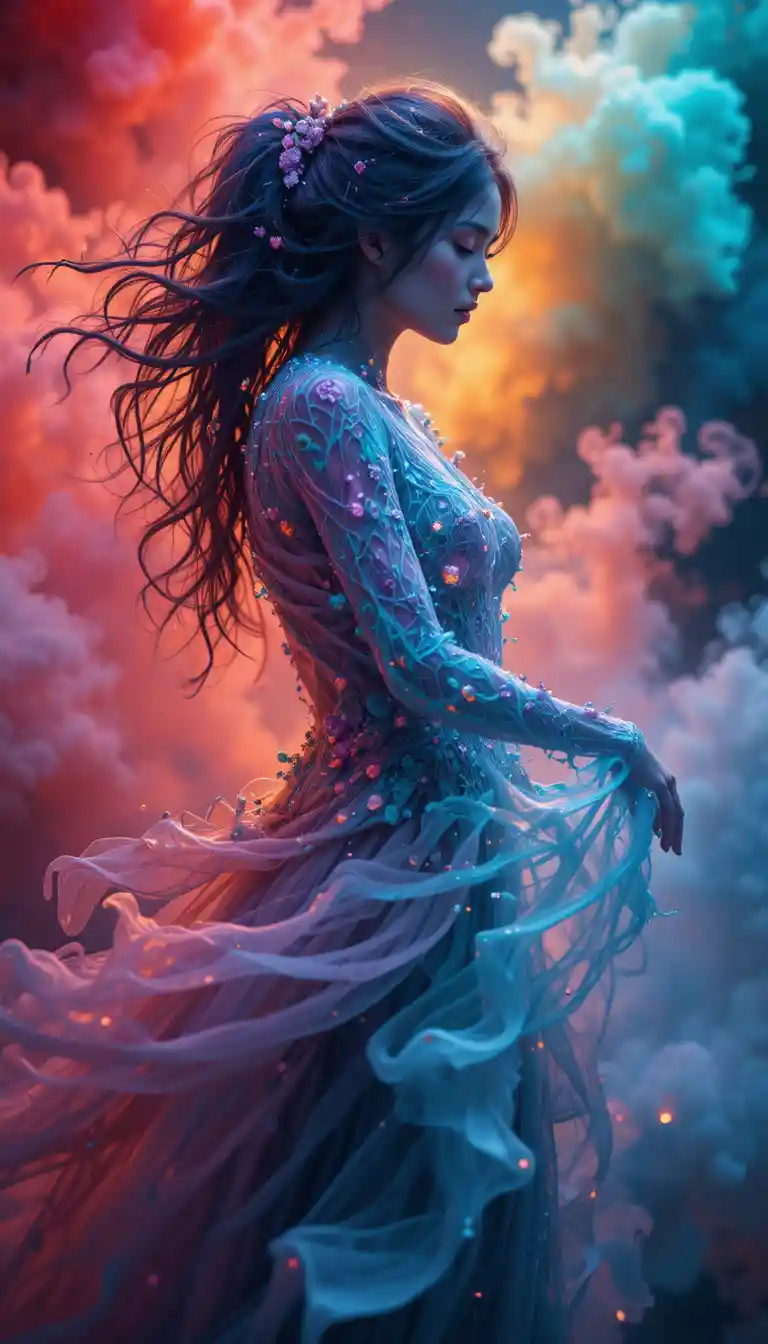Donna spettrale che danza in un vortice di fumo colorato