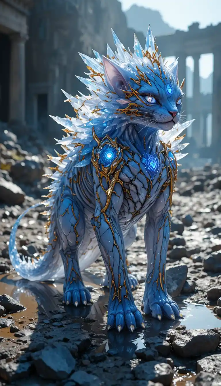 Crystalline cat beast on rocky ground in sunlight