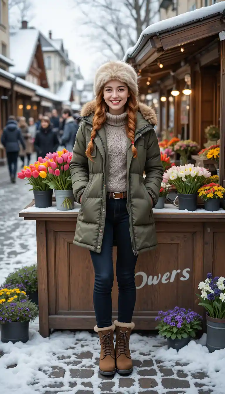Cheerful flower seller in winter market street scene