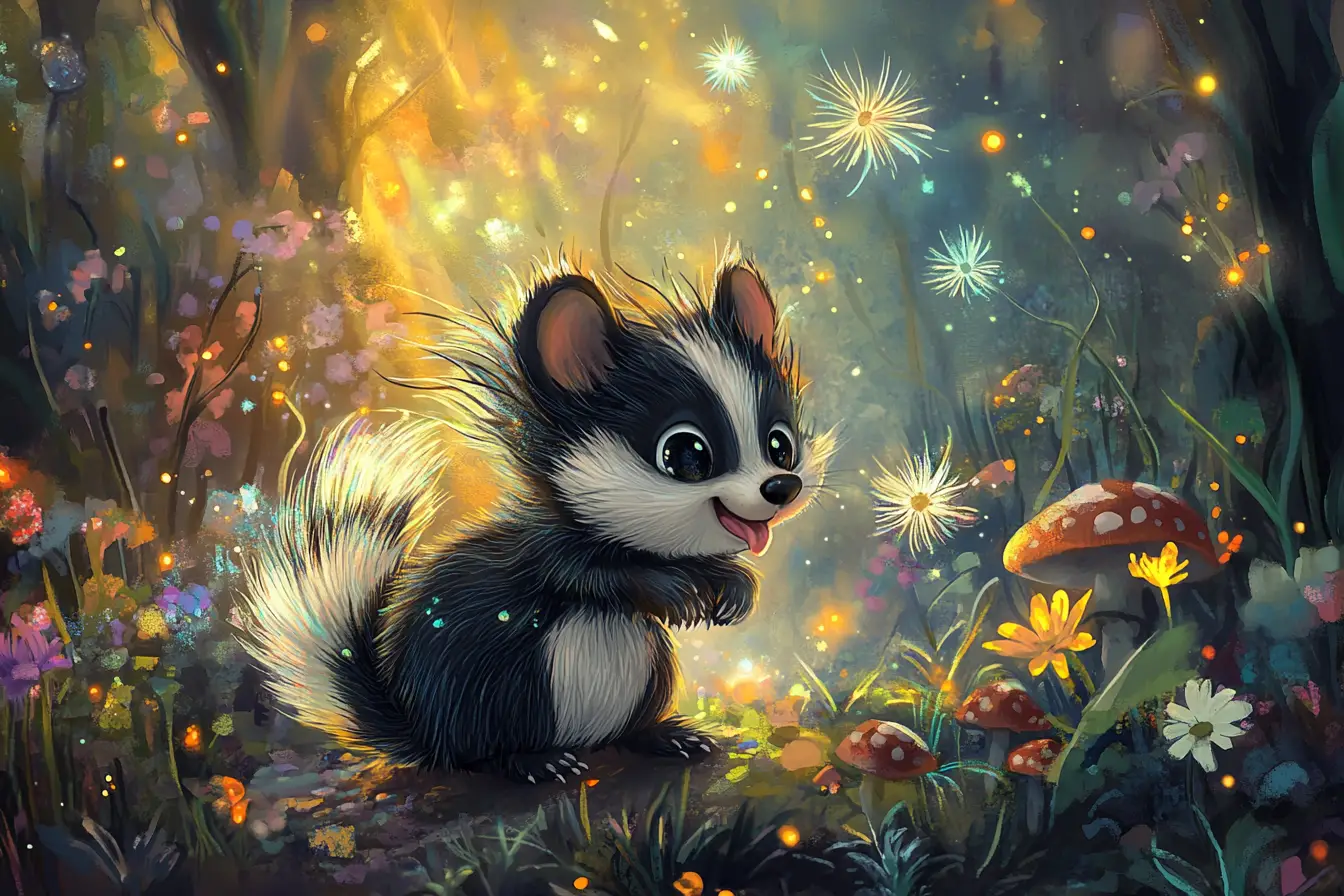 Cute baby skunk playing with fireflies in moonlit forest