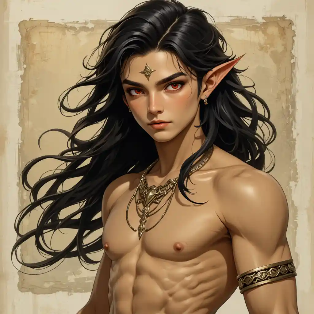 Young red eyed deity in a mystical fantasy realm