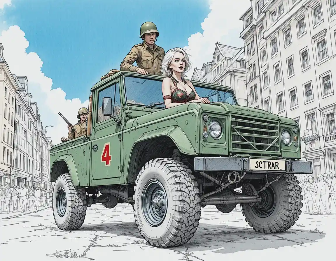 Green military truck speeding through urban city street