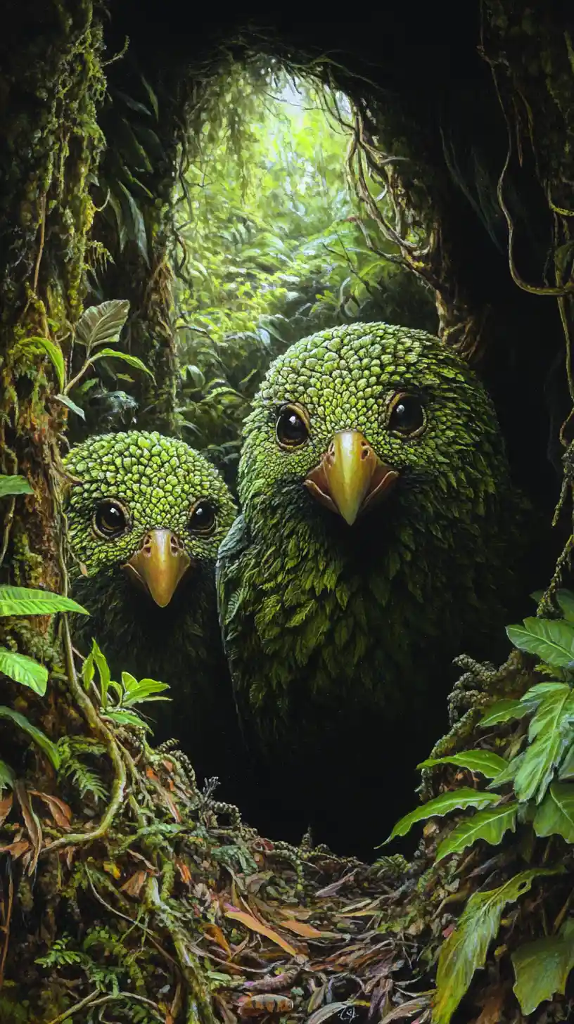 Surreal illusion of a strange kakapo inspired parrot scene
