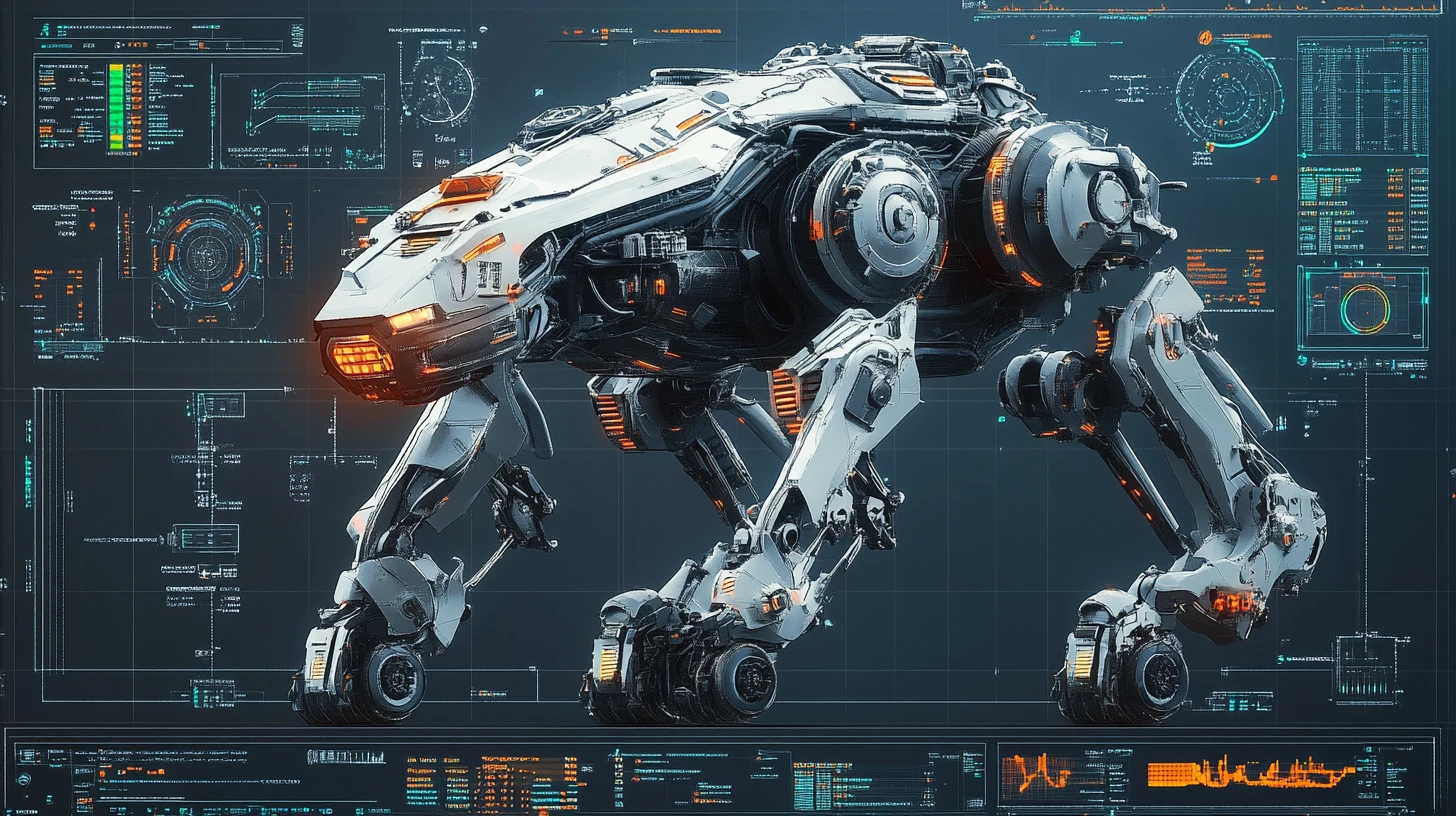 Futuristic urban combat mech on heavy treads engineering cutaway