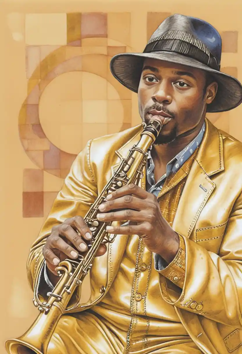 Cubist portrait of a jazz saxophonist in soft blue tones